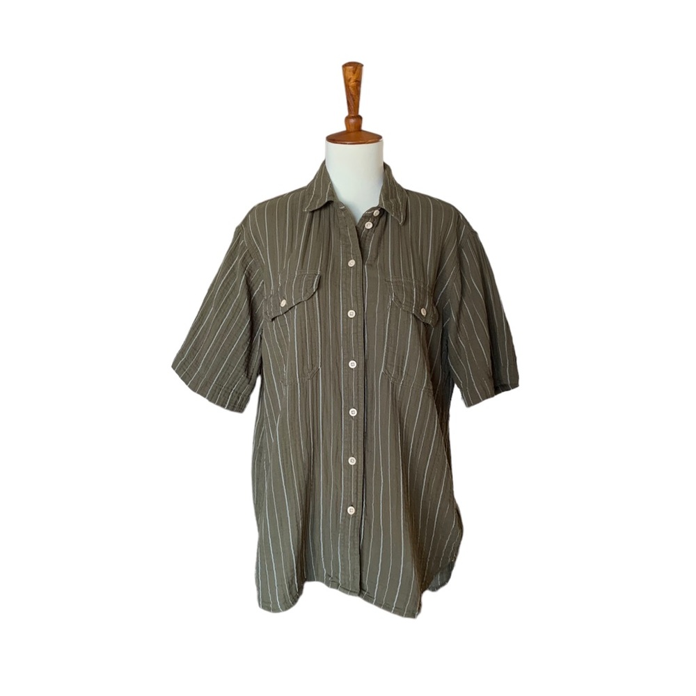 Madewell Short Sleeve Button Down Sz Medium, Olive Green with White Stripes